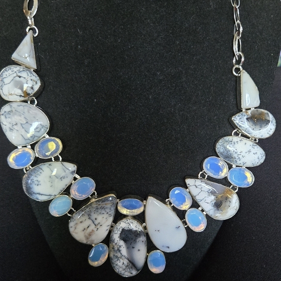 HOST PICK! 🎉🎊Dendritic Opal Opalite & Agate Sterling Necklace Sz22" Adjustable - Picture 4 of 13